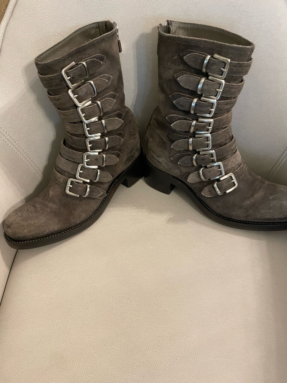 Rocco P. Gray Distressed Suede Combat Boots With Buckle Straps View 3